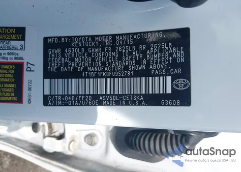 2015 Toyota Camry Se из США, поврежденный, VIN 4T1BF1FK8FU952781